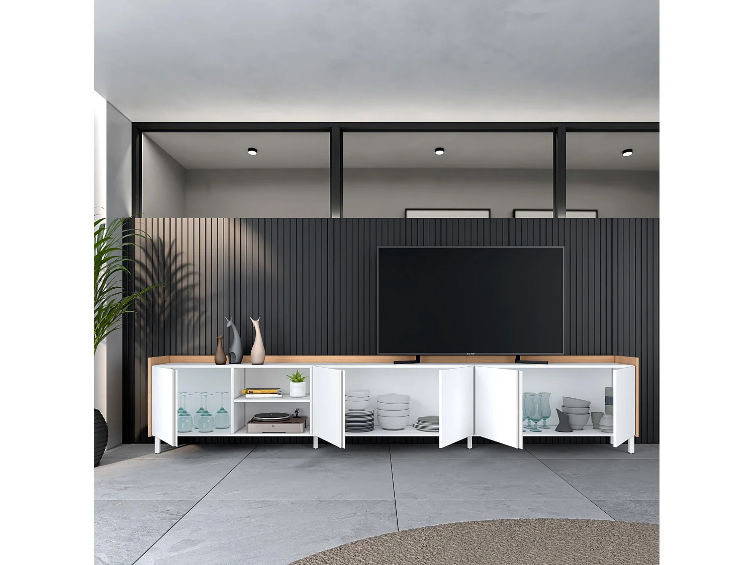 Mueble TV, Televisión, 309x61x35 cm, Para TV hasta 80", Diseño industrial, Blanco y roble soft