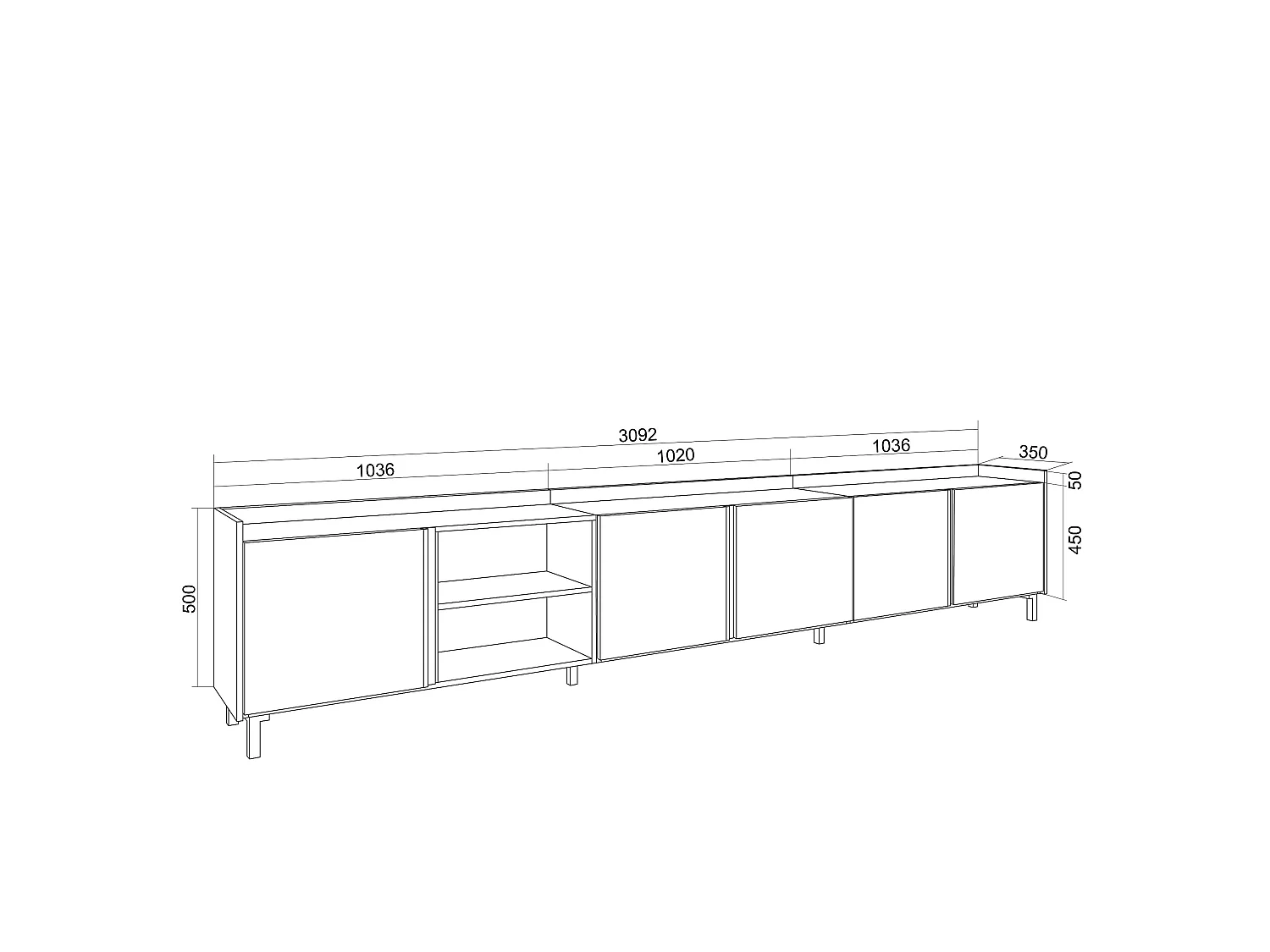 Mueble TV, Televisión, 309x61x35 cm, Para TV hasta 80", Diseño industrial, Blanco y roble soft