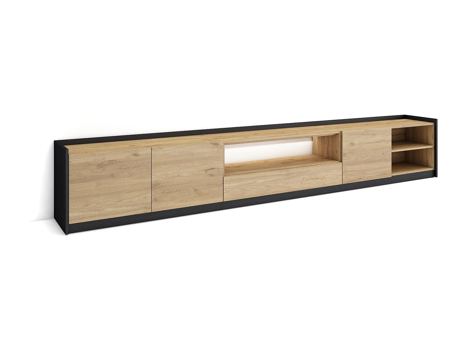 TV-Schrank, Lowboard, 310x50x37 cm, Für TV-Geräte bis zu 80", LED, Eiche Schwarz