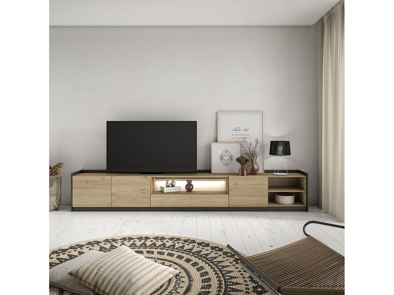 TV-Schrank, Lowboard, 310x50x37 cm, Für TV-Geräte bis zu 80", LED, Eiche Schwarz