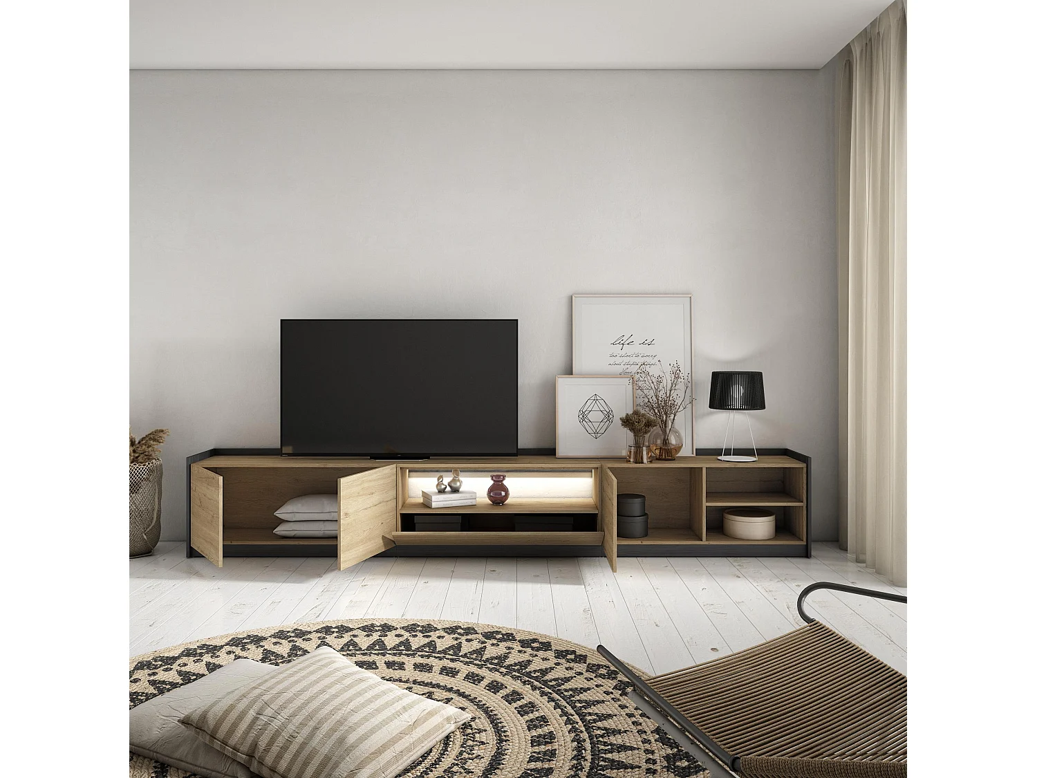TV-Schrank, Lowboard, 310x50x37 cm, Für TV-Geräte bis zu 80", LED, Eiche Schwarz