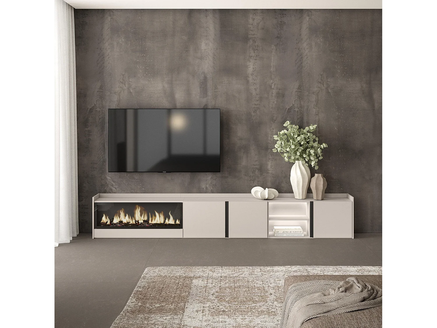 TV-Schrank, Lowboard, 315x50x35 cm, Für TV-Geräte bis zu 80", Elektrokamin XXL, LED, Beige