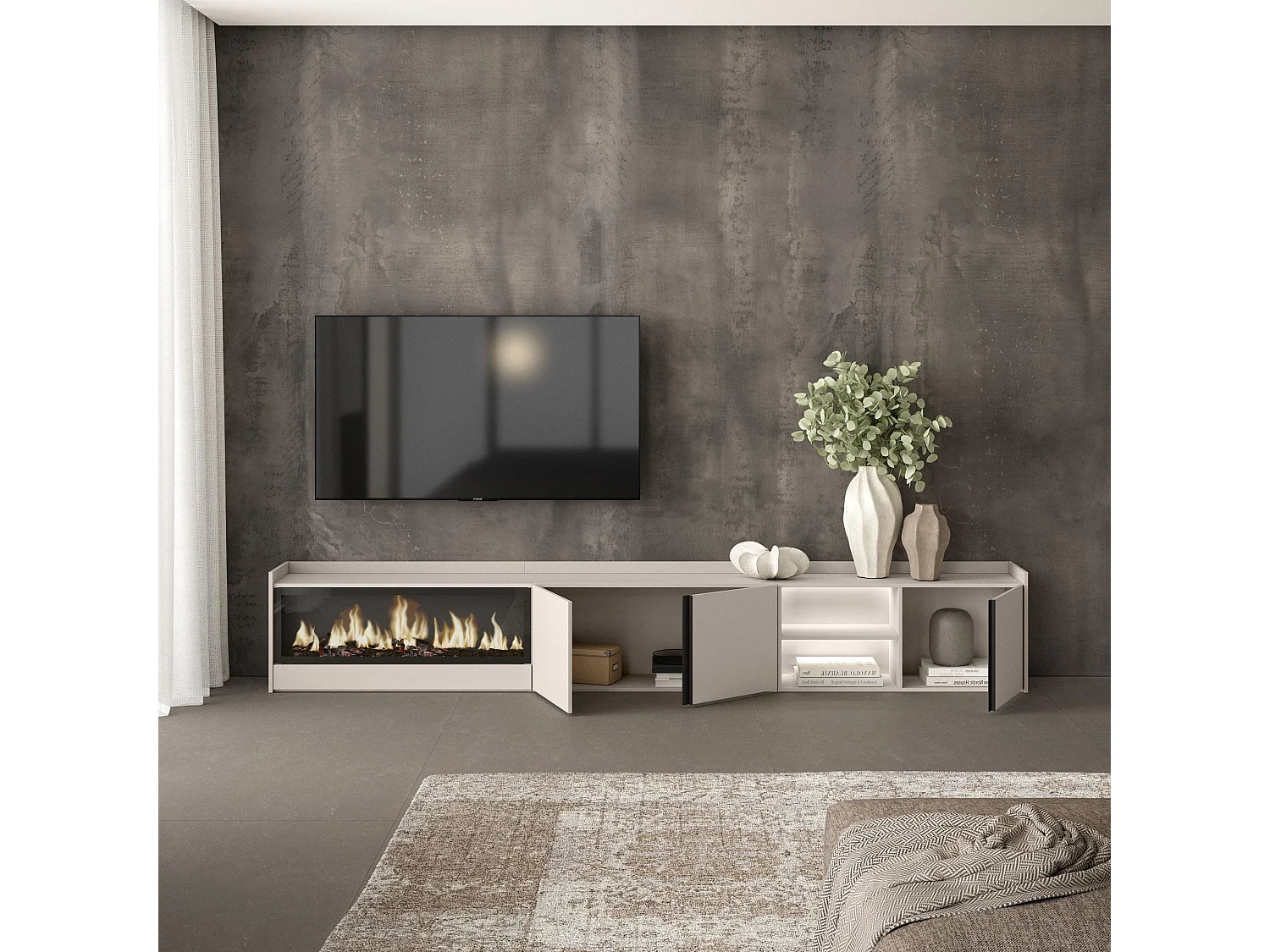 TV-Schrank, Lowboard, 315x50x35 cm, Für TV-Geräte bis zu 80", Elektrokamin XXL, LED, Beige