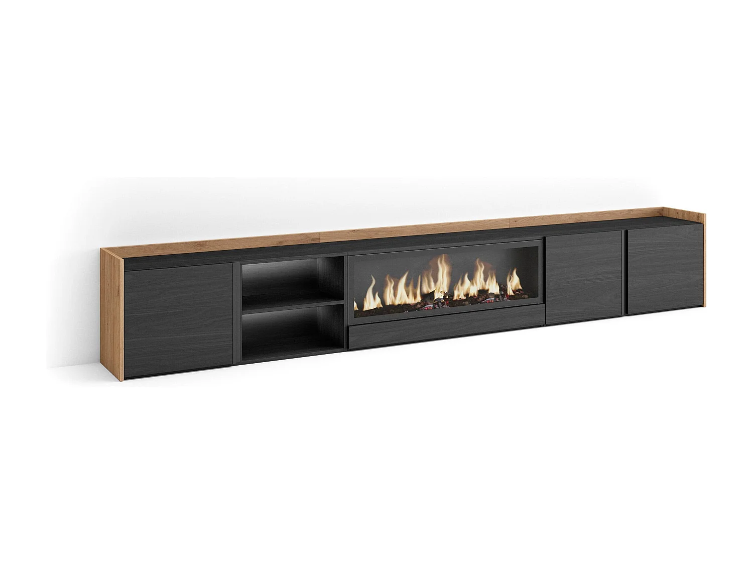 TV-Meubel, Lowboard, 315x50x35 cm, Voor tv's tot 80", Elektrische haard XXL, LED, Zwart/Eiken