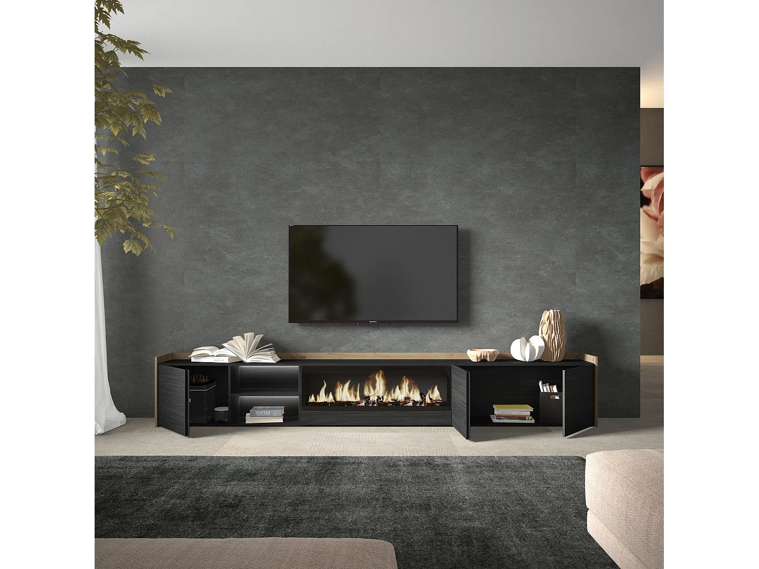 TV-Meubel, Lowboard, 315x50x35 cm, Voor tv's tot 80", Elektrische haard XXL, LED, Zwart/Eiken
