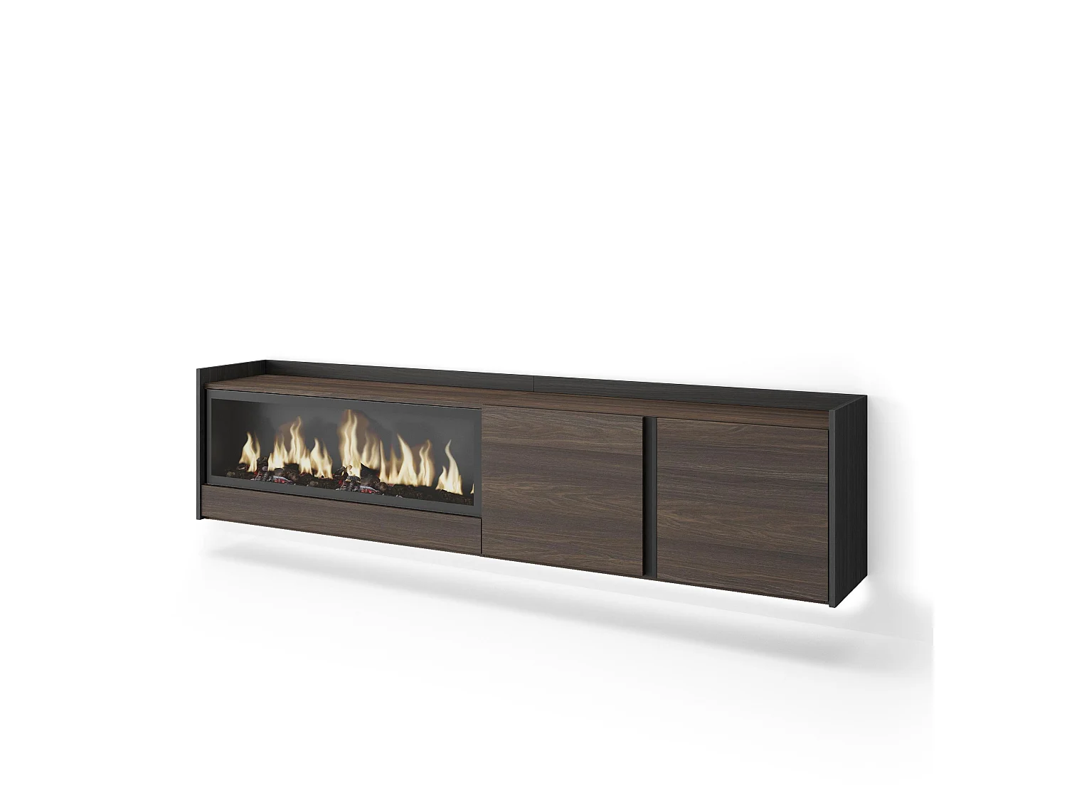 TV-Schrank, Lowboard, 212x50x35 cm, Für TV-Geräte bis zu 80", Elektrokamin XXL, Hängend, LED, Dunkler Eiche und Schwarz