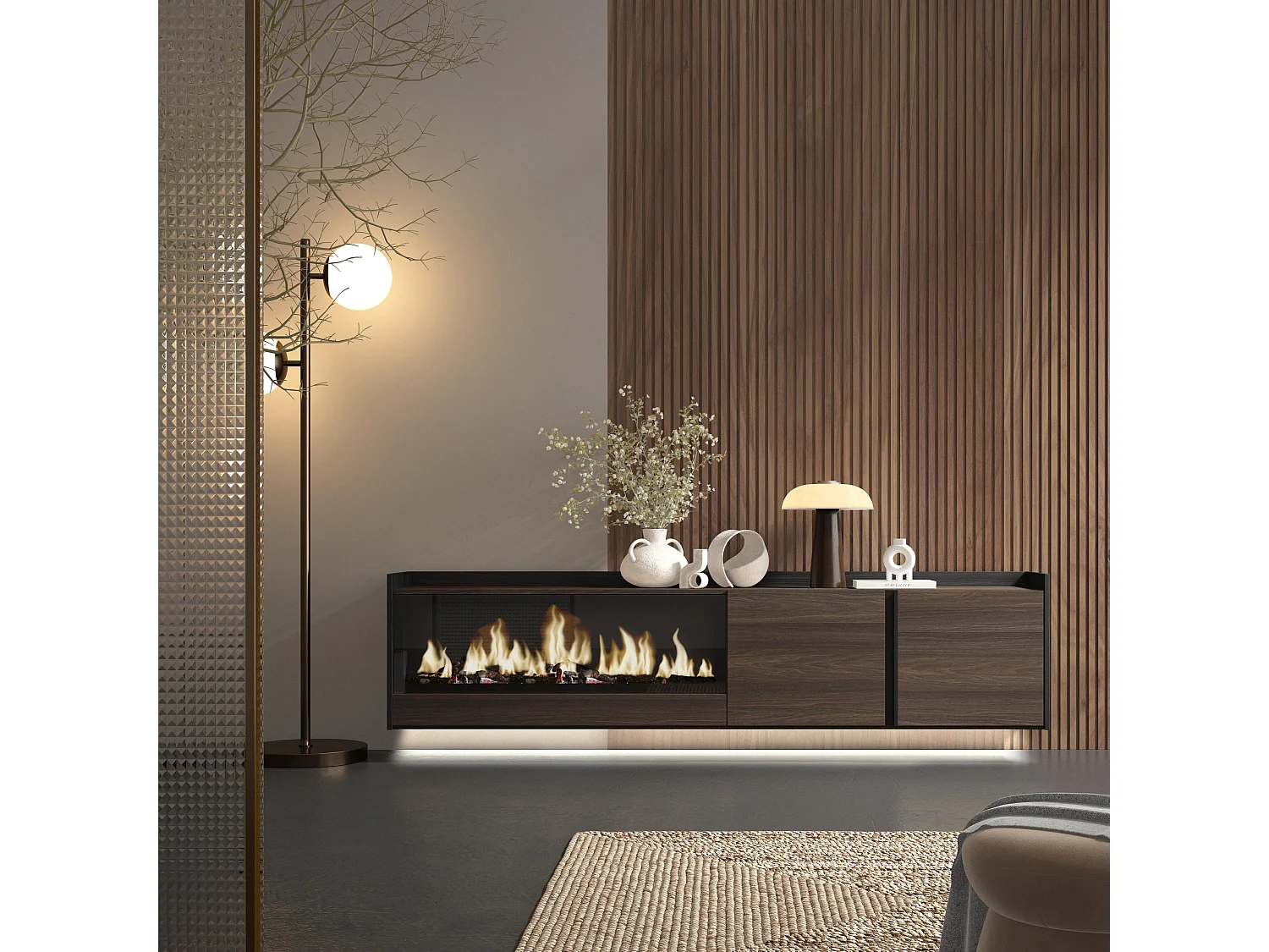 TV-Schrank, Lowboard, 212x50x35 cm, Für TV-Geräte bis zu 80", Elektrokamin XXL, Hängend, LED, Dunkler Eiche und Schwarz