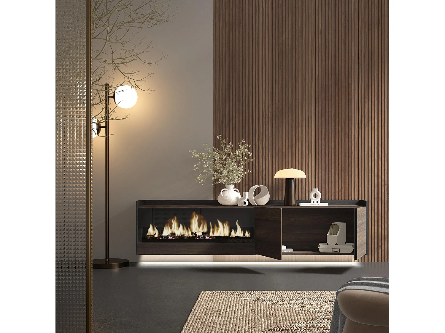 TV-Schrank, Lowboard, 212x50x35 cm, Für TV-Geräte bis zu 80", Elektrokamin XXL, Hängend, LED, Dunkler Eiche und Schwarz