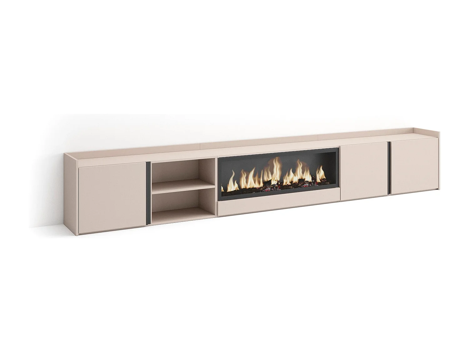 Meuble TV, Banc Télé, 315x50x35 cm, Pour les TV jusqu'à 80", Cheminée électrique XXL, Beige