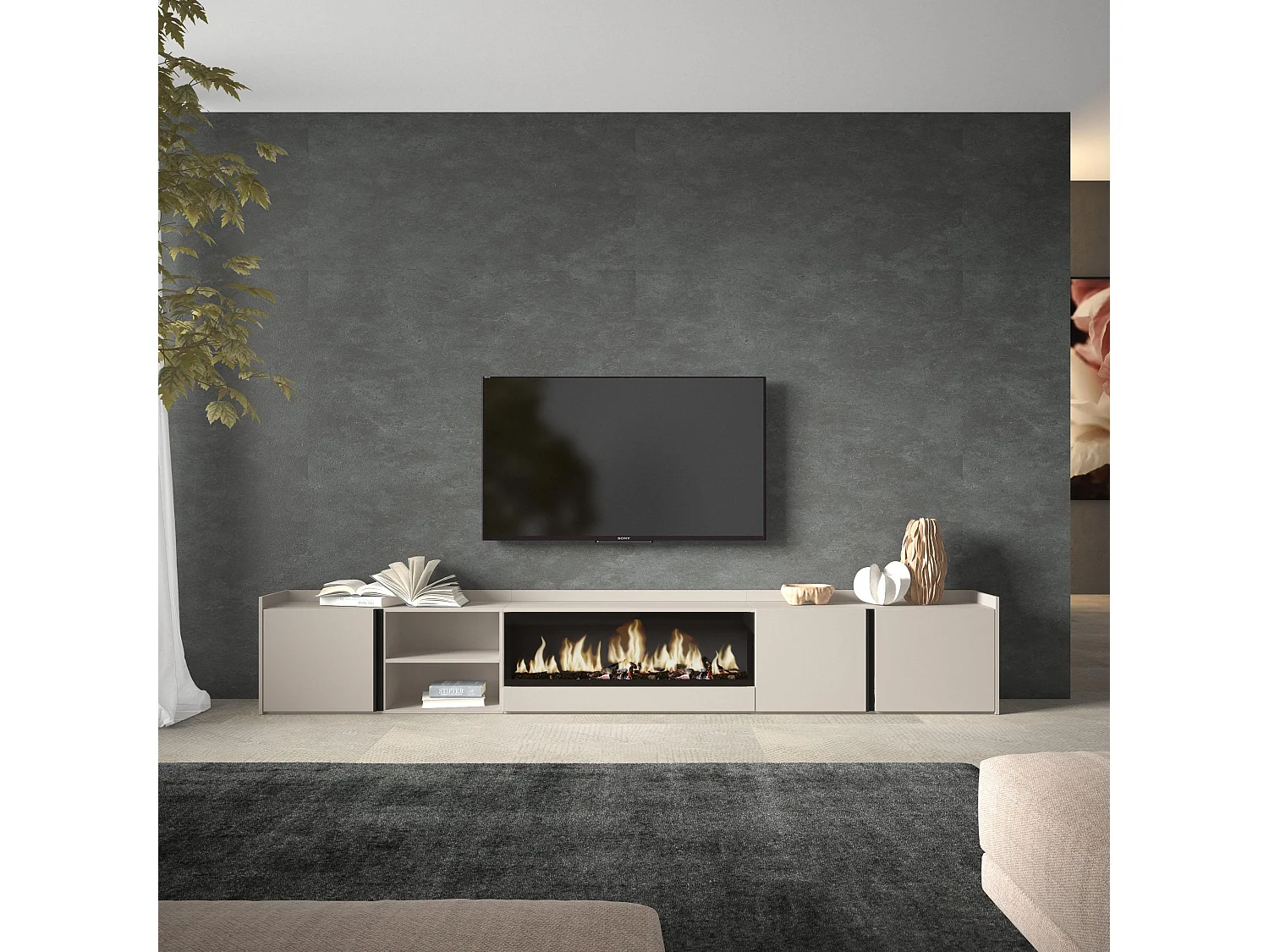Meuble TV, Banc Télé, 315x50x35 cm, Pour les TV jusqu'à 80", Cheminée électrique XXL, Beige