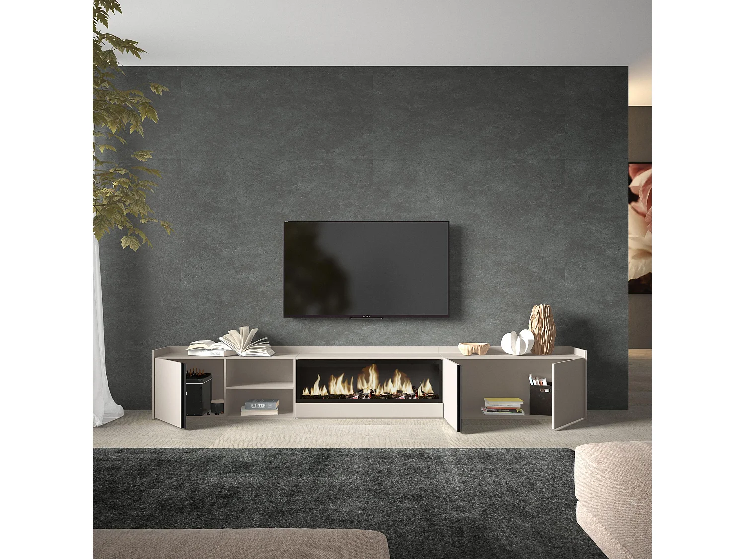 Meuble TV, Banc Télé, 315x50x35 cm, Pour les TV jusqu'à 80", Cheminée électrique XXL, Beige