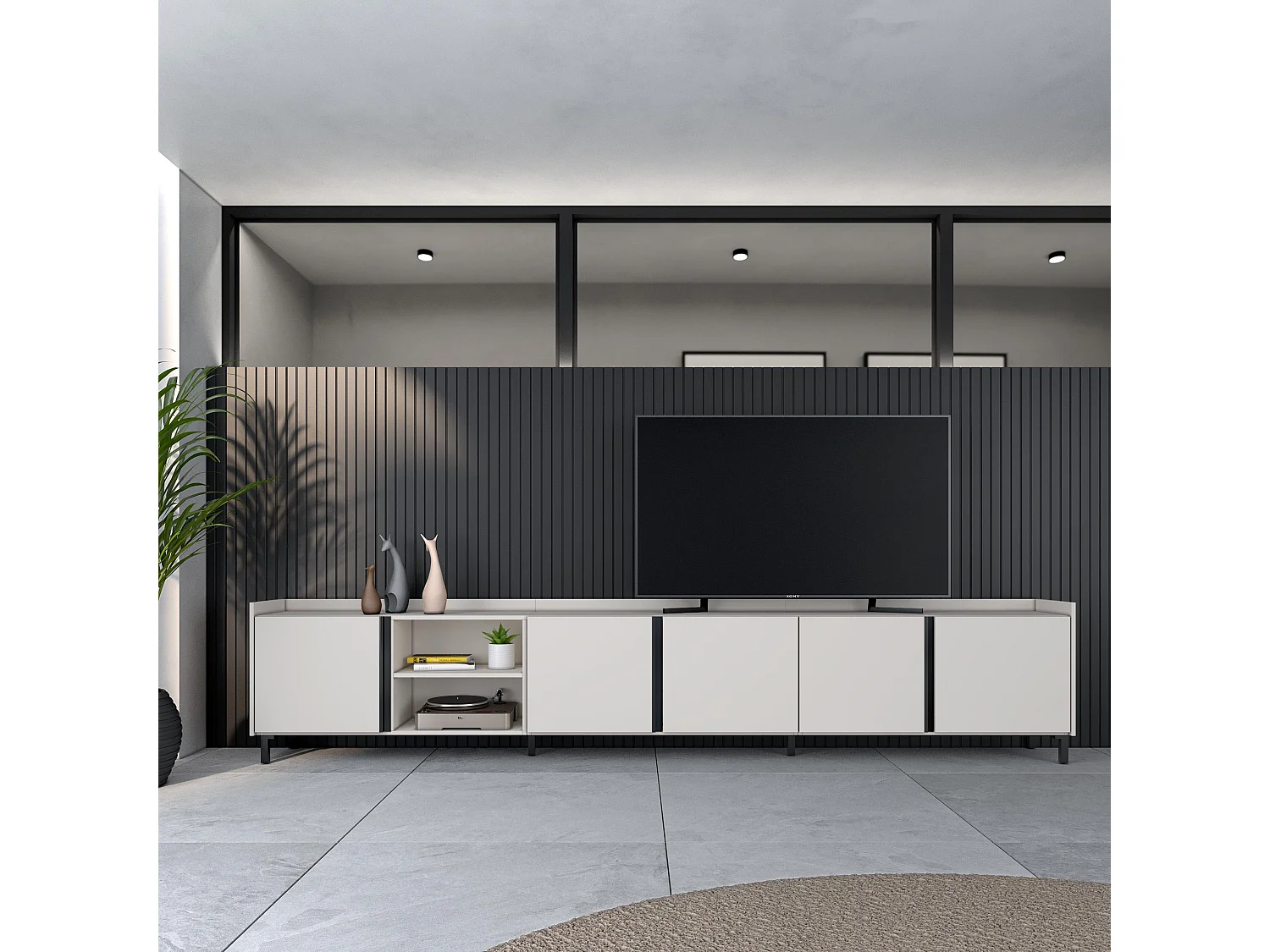 Mueble TV, Televisión, 309x61x35 cm, Para TV hasta 80", Diseño industrial, Beige