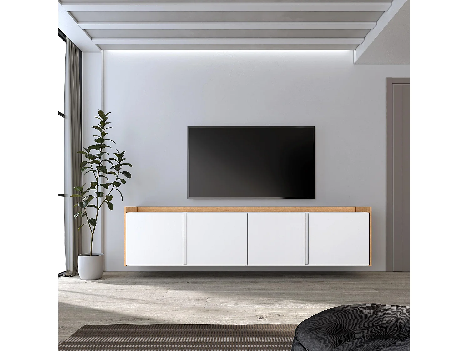 TV-Meubel, Lowboard, 207x50x35 cm, Voor tv's tot 80", Hangend, Wit en Eiken soft