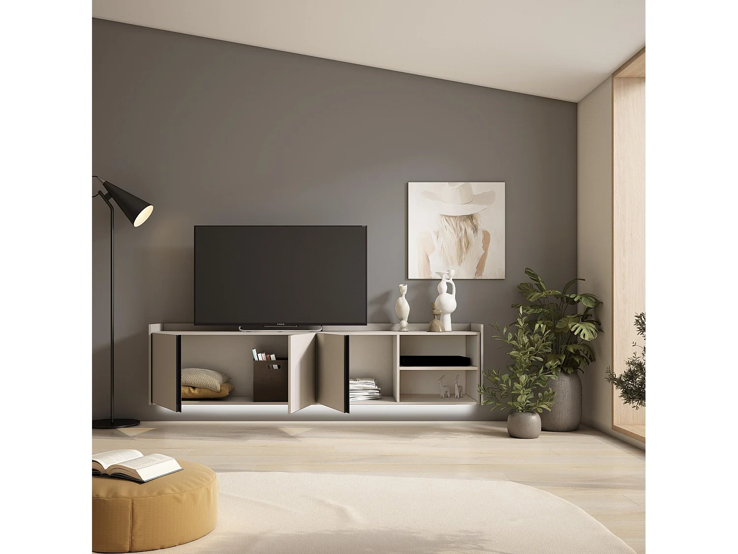 TV-Schrank, Lowboard, 207x50x35 cm, Für TV-Geräte bis zu 80", Hängend, LED, Beige