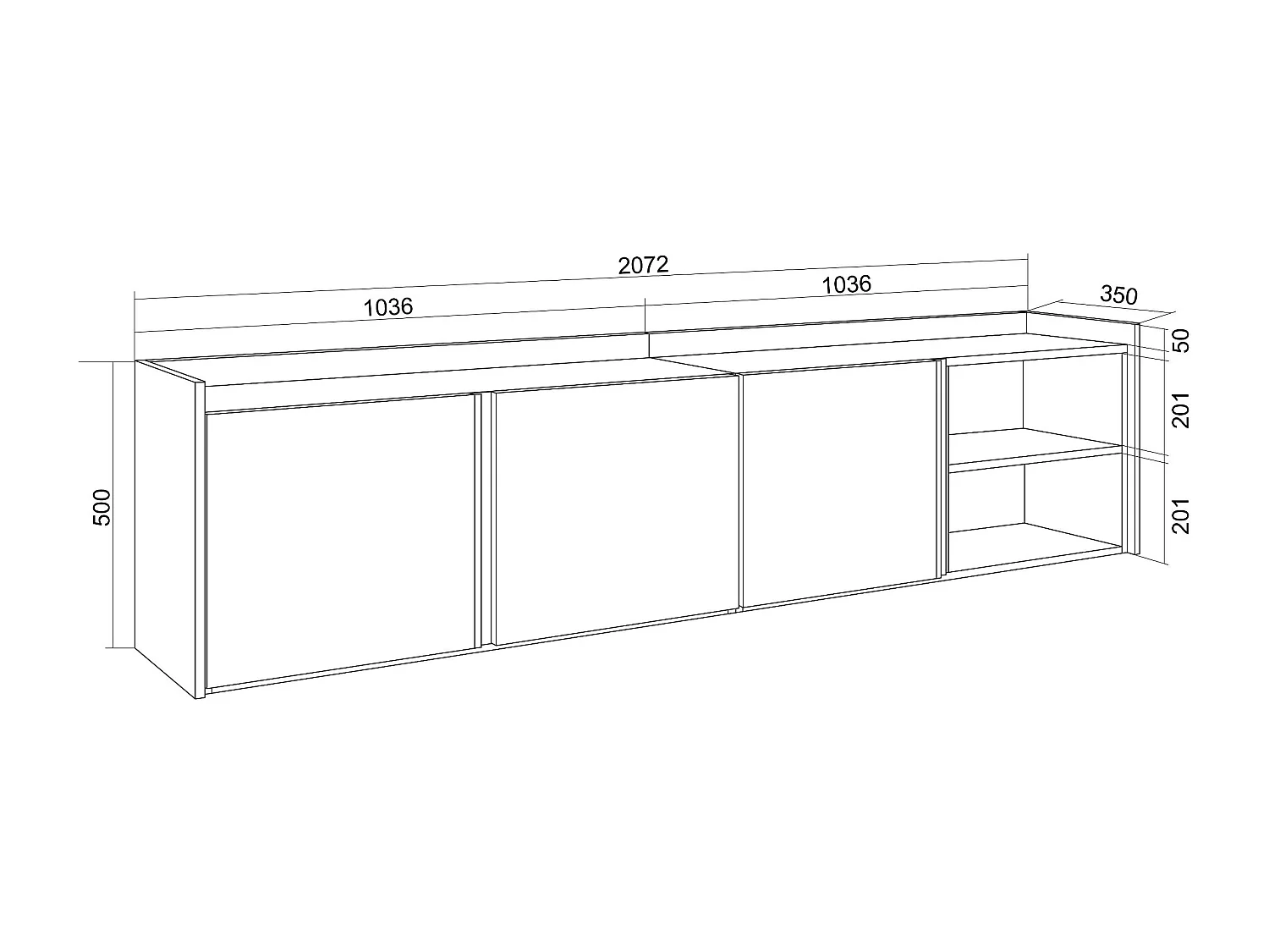 TV-Schrank, Lowboard, 207x50x35 cm, Für TV-Geräte bis zu 80", Hängend, LED, Beige
