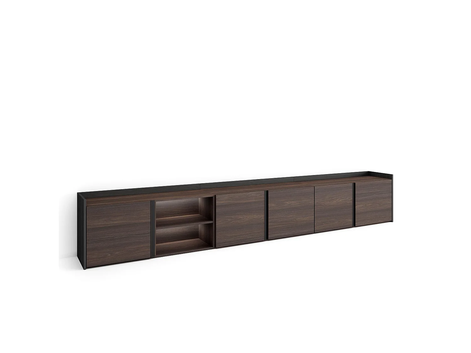 TV-Schrank, Lowboard, 309x50x35 cm, Für TV-Geräte bis zu 80", LED, Dunkler Eiche und Schwarz