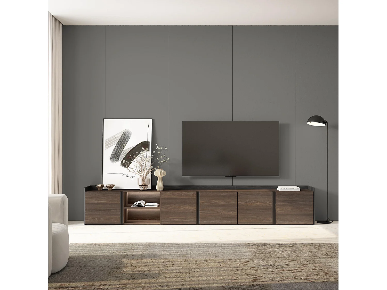 TV-Schrank, Lowboard, 309x50x35 cm, Für TV-Geräte bis zu 80", LED, Dunkler Eiche und Schwarz