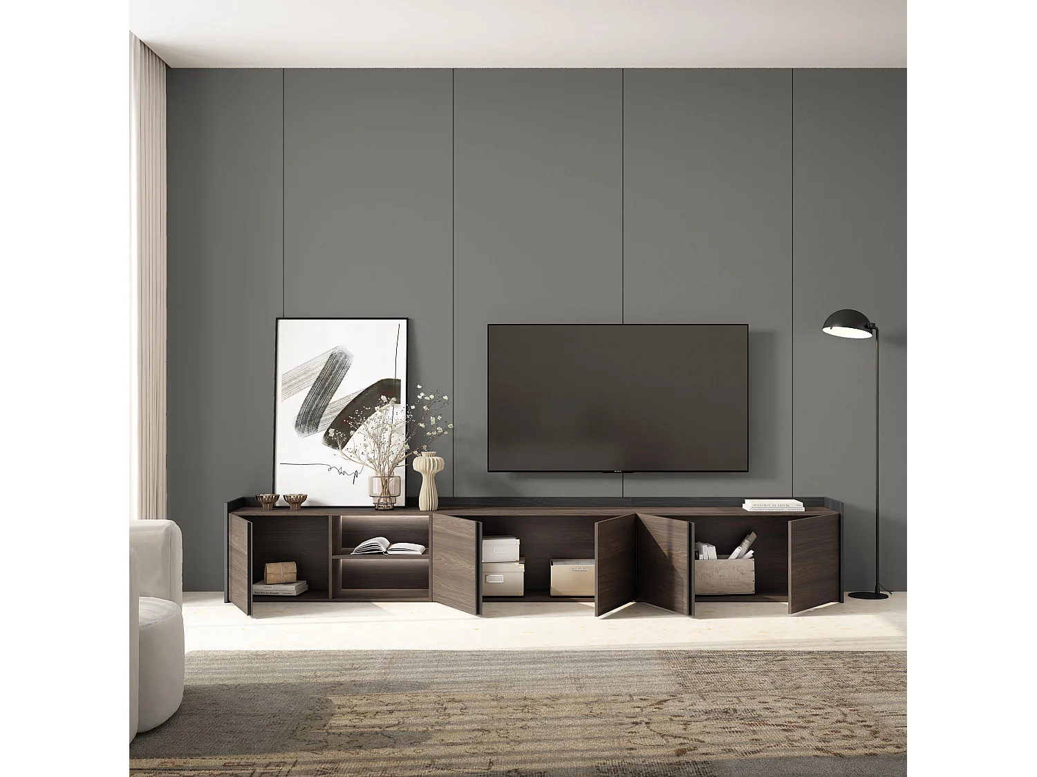 TV-Schrank, Lowboard, 309x50x35 cm, Für TV-Geräte bis zu 80", LED, Dunkler Eiche und Schwarz