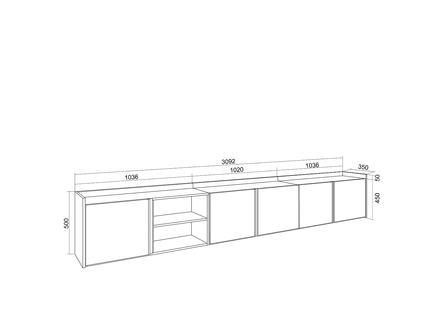 TV-Schrank, Lowboard, 309x50x35 cm, Für TV-Geräte bis zu 80", LED, Dunkler Eiche und Schwarz