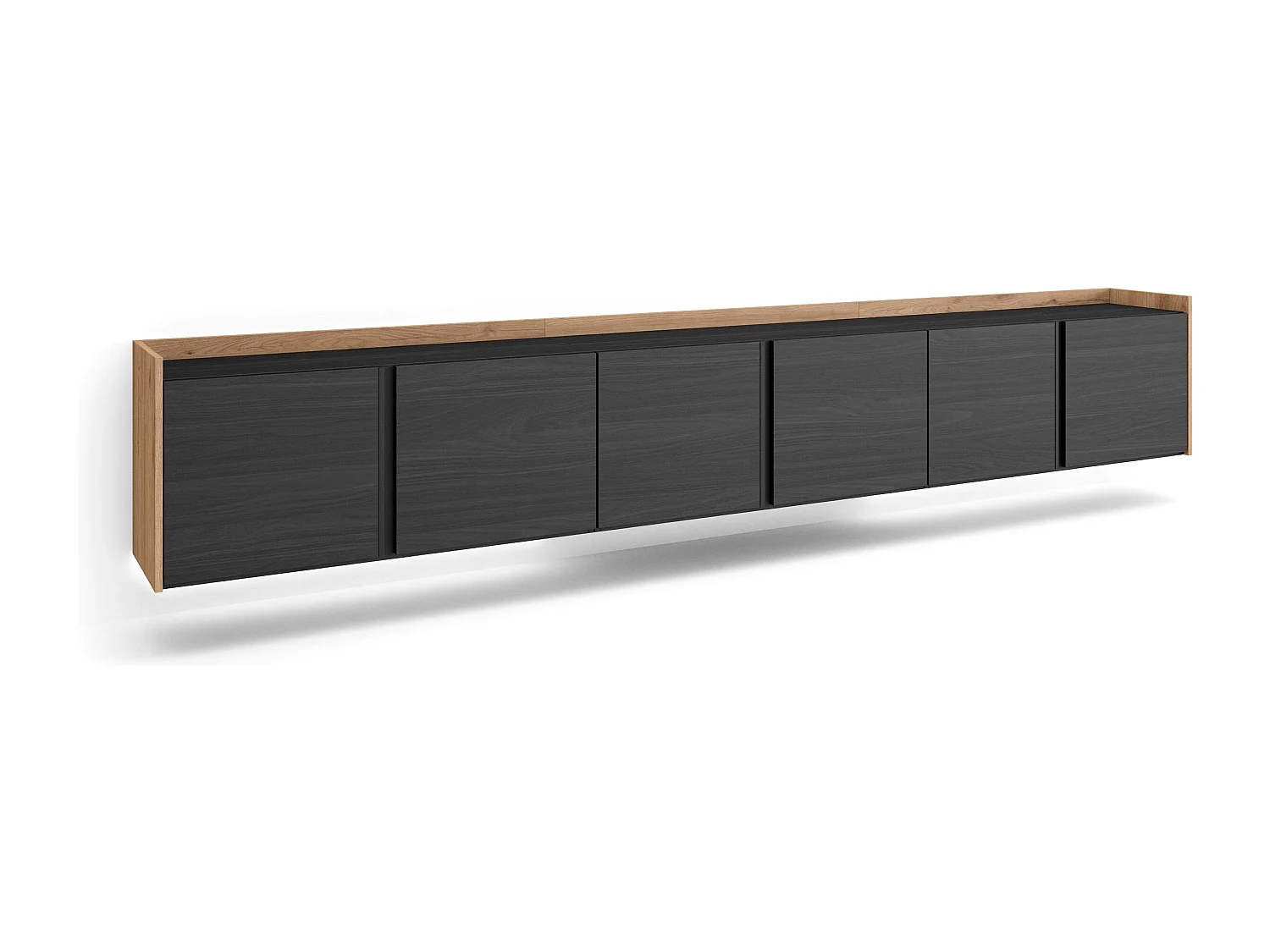 TV-Schrank, Lowboard, 309x50x35 cm, Für TV-Geräte bis zu 80", Hängend, LED, Schwarz Eiche
