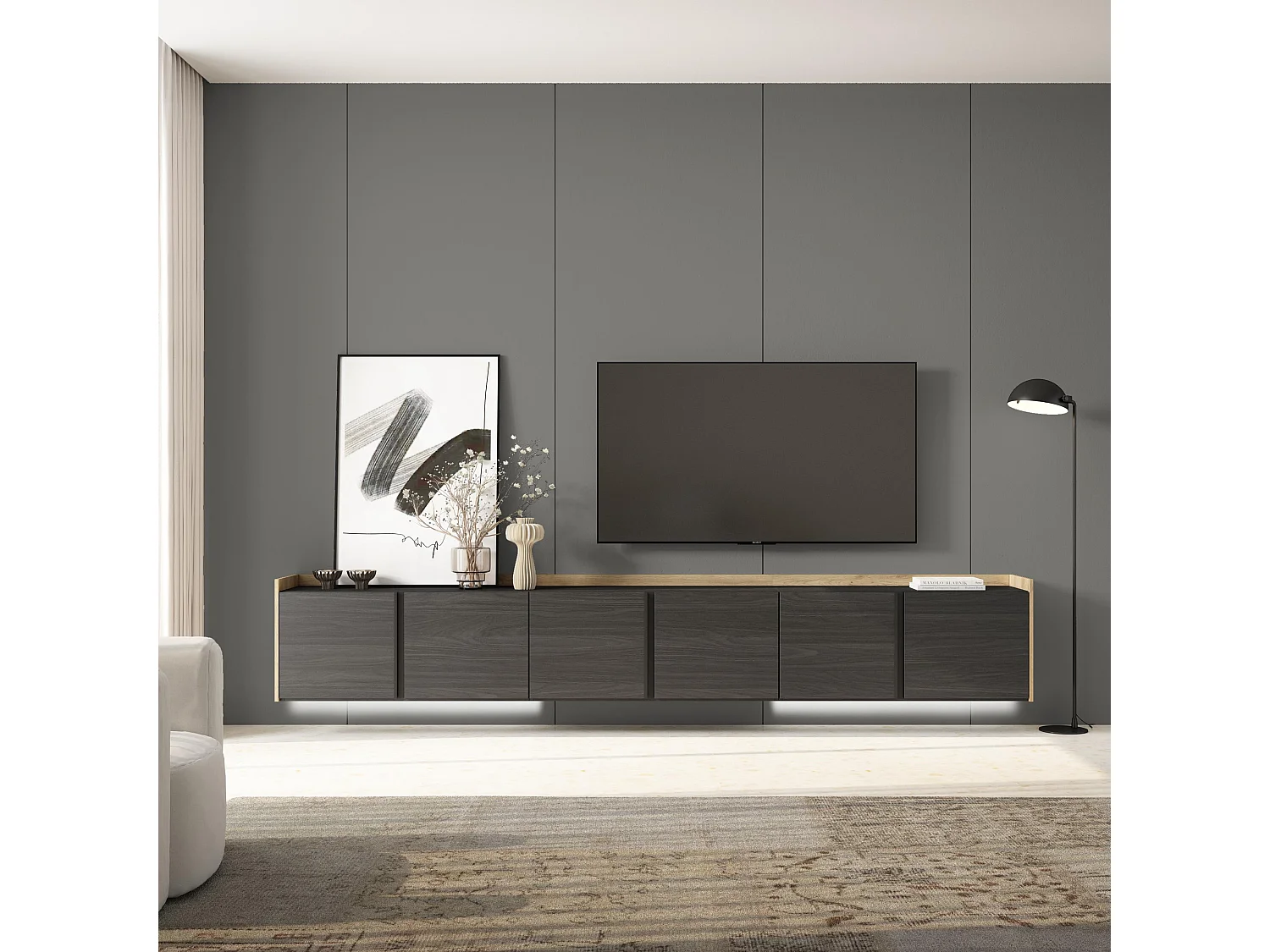 TV-Schrank, Lowboard, 309x50x35 cm, Für TV-Geräte bis zu 80", Hängend, LED, Schwarz Eiche
