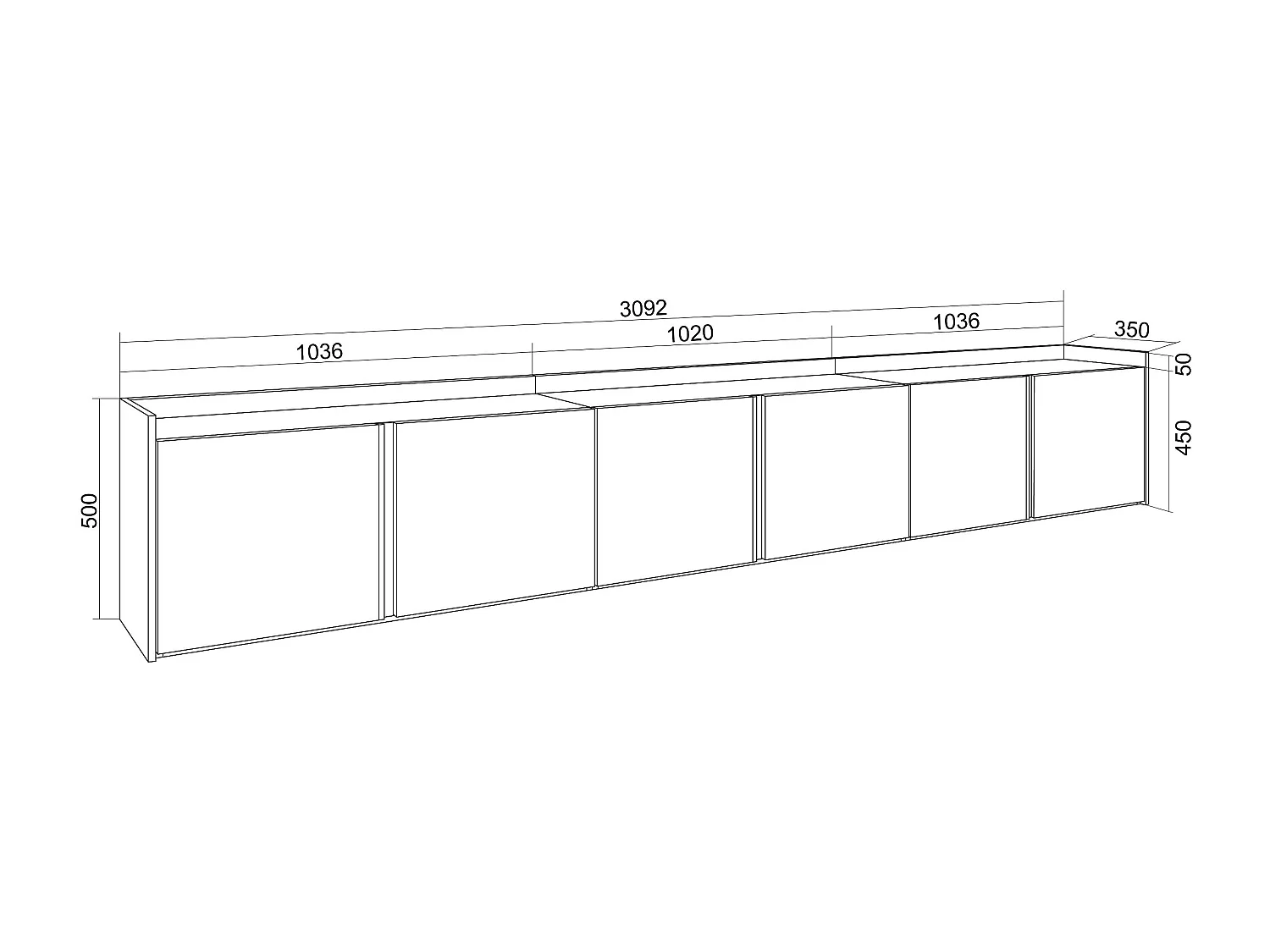 TV-Schrank, Lowboard, 309x50x35 cm, Für TV-Geräte bis zu 80", Hängend, LED, Schwarz Eiche