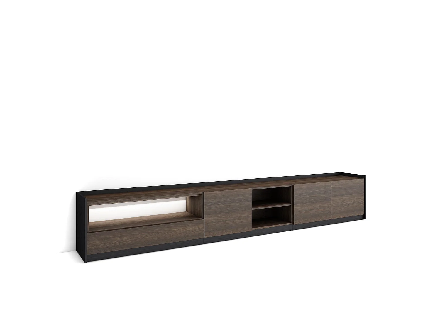 TV-Schrank, Lowboard, 310x50x37 cm, Für TV-Geräte bis zu 80", LED, Dunkler Eiche und Schwarz