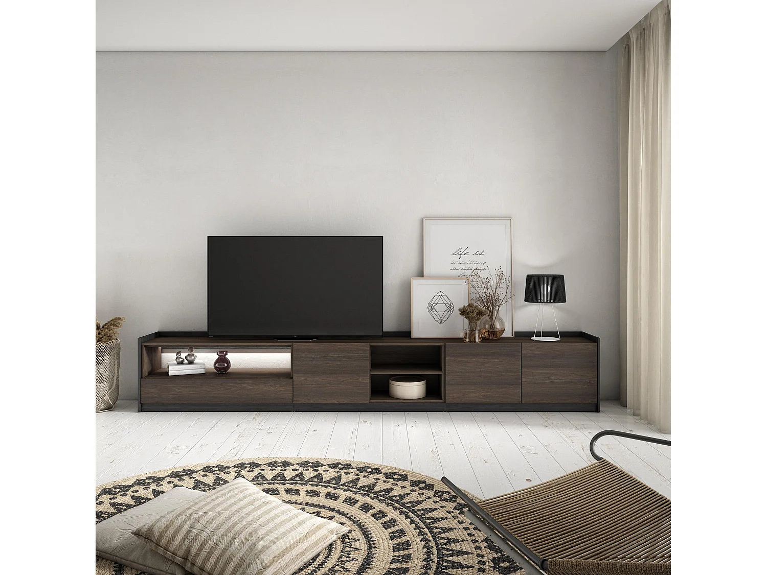 TV-Schrank, Lowboard, 310x50x37 cm, Für TV-Geräte bis zu 80", LED, Dunkler Eiche und Schwarz