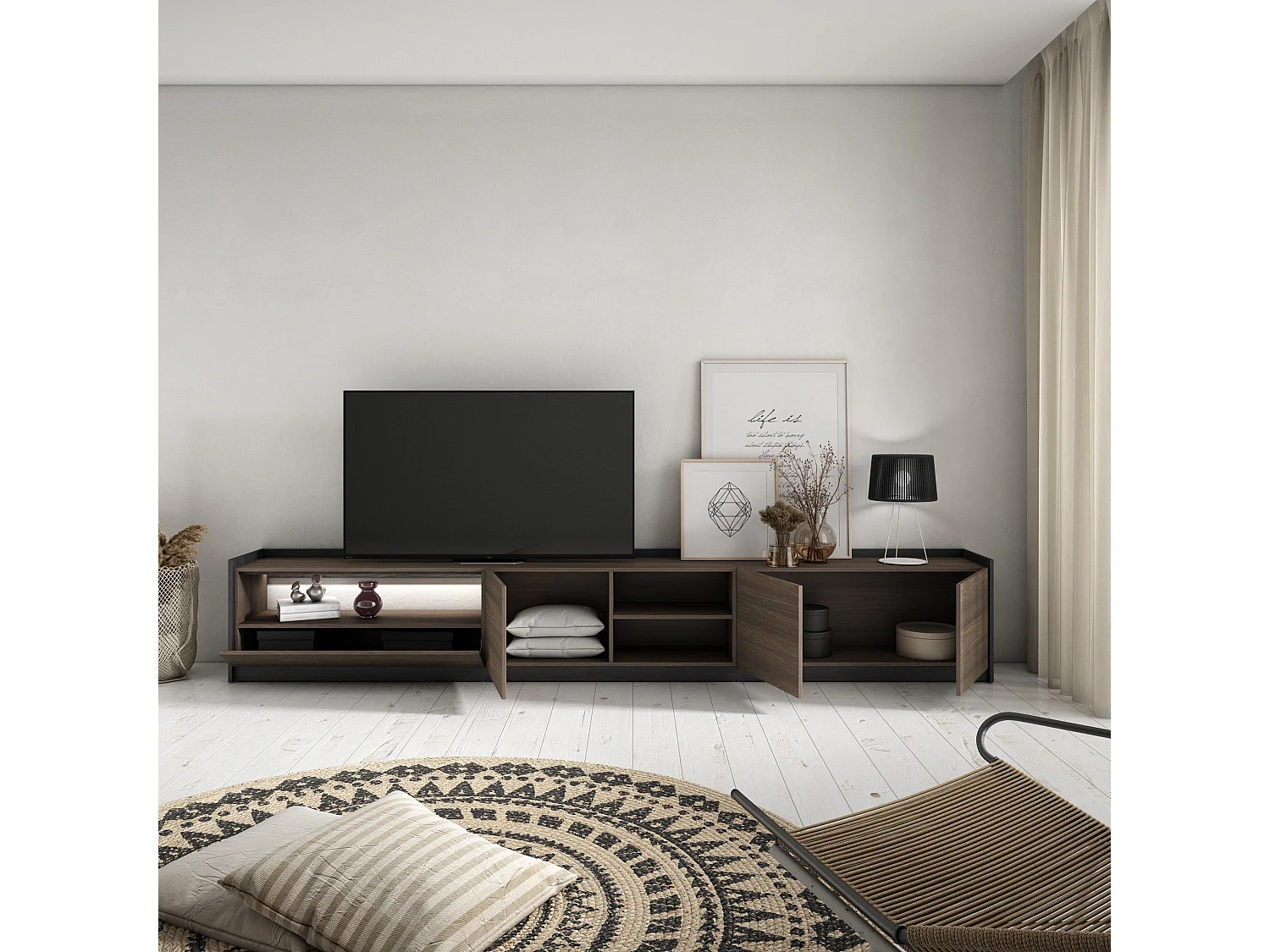 TV-Schrank, Lowboard, 310x50x37 cm, Für TV-Geräte bis zu 80", LED, Dunkler Eiche und Schwarz