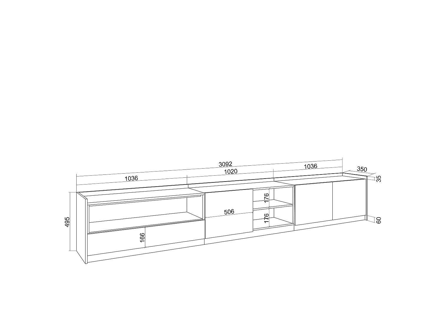 TV-Schrank, Lowboard, 310x50x37 cm, Für TV-Geräte bis zu 80", LED, Dunkler Eiche und Schwarz