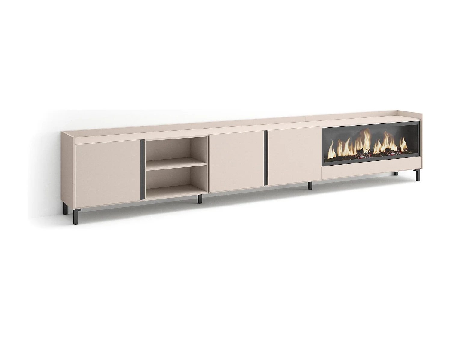 TV-Meubel, Lowboard, 315x61x35 cm, Voor tv's tot 80", Elektrische haard XXL, Industrieel design, Beige