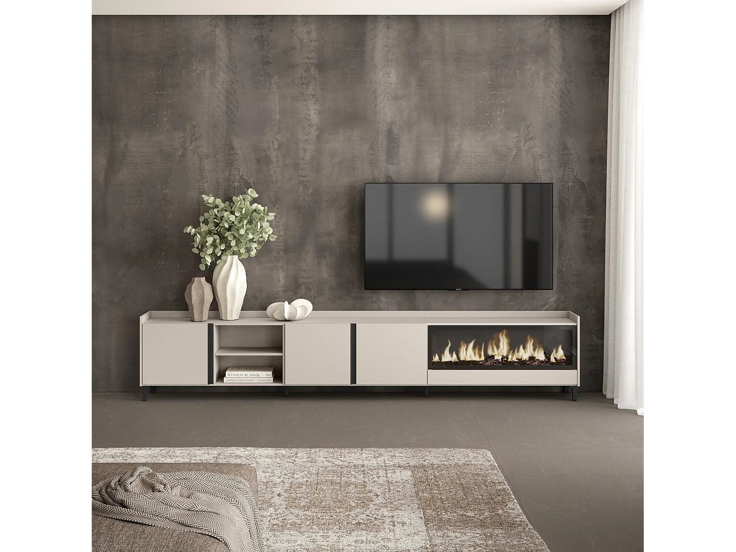 TV-Meubel, Lowboard, 315x61x35 cm, Voor tv's tot 80", Elektrische haard XXL, Industrieel design, Beige