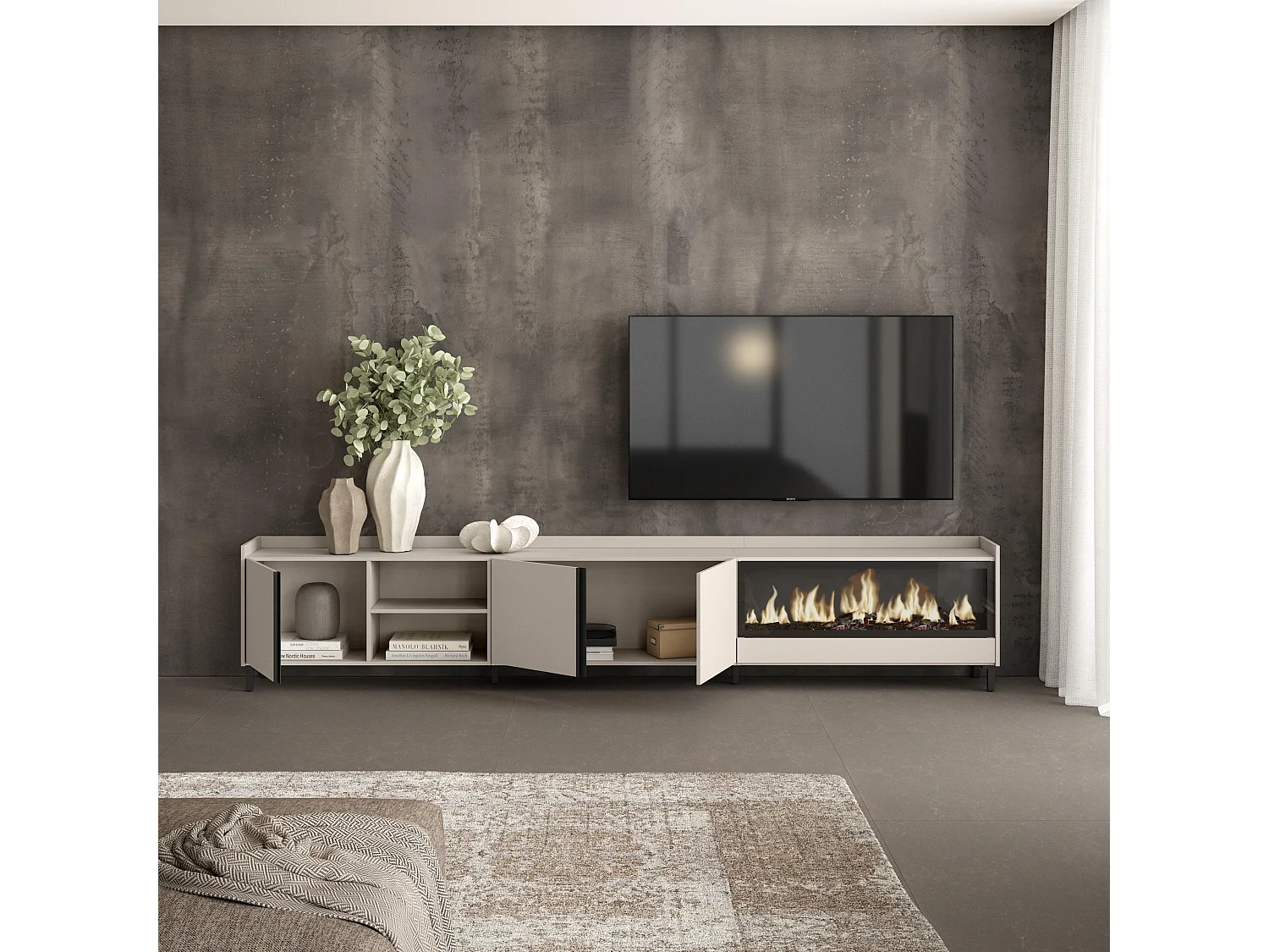 TV-Meubel, Lowboard, 315x61x35 cm, Voor tv's tot 80", Elektrische haard XXL, Industrieel design, Beige