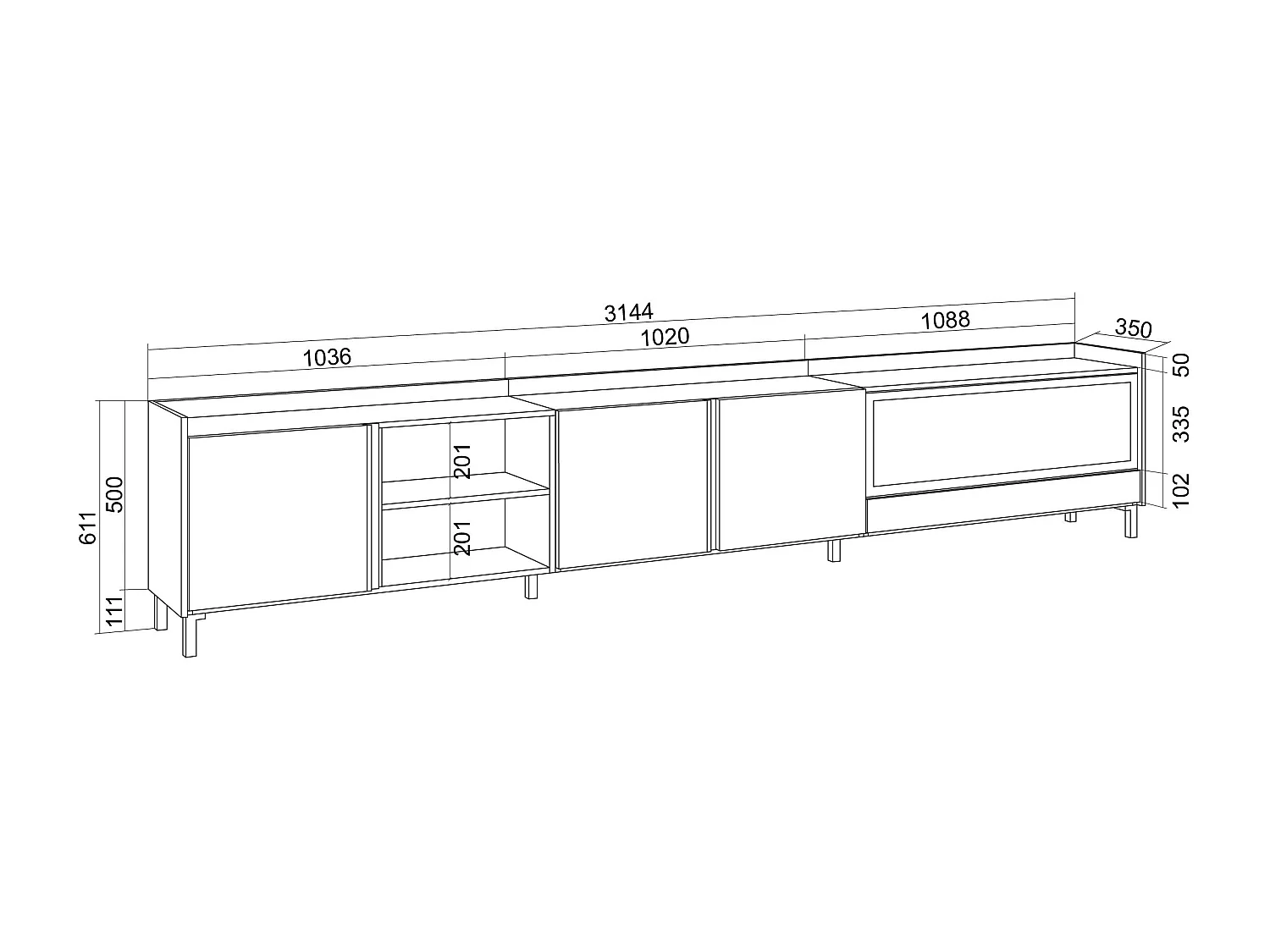 TV-Meubel, Lowboard, 315x61x35 cm, Voor tv's tot 80", Elektrische haard XXL, Industrieel design, Beige