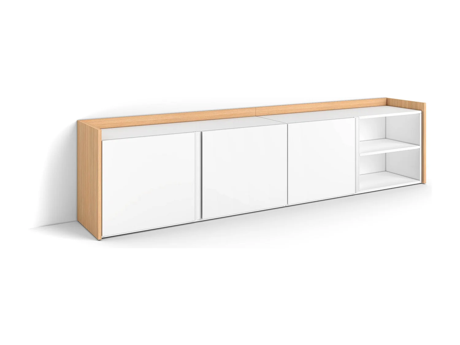 Mueble TV, Televisión, 207x50x35 cm, Para TV hasta 80", Con almacenamiento, Blanco y roble soft