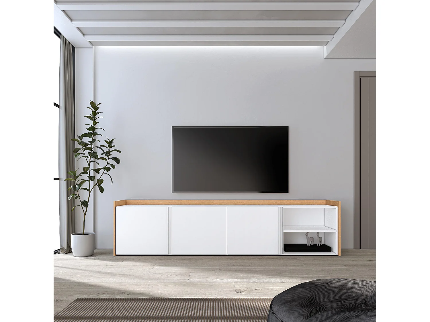 Mueble TV, Televisión, 207x50x35 cm, Para TV hasta 80", Con almacenamiento, Blanco y roble soft