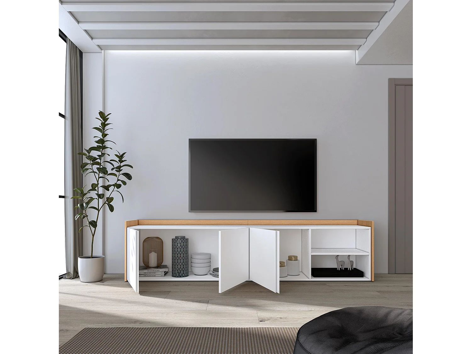 Mueble TV, Televisión, 207x50x35 cm, Para TV hasta 80", Con almacenamiento, Blanco y roble soft