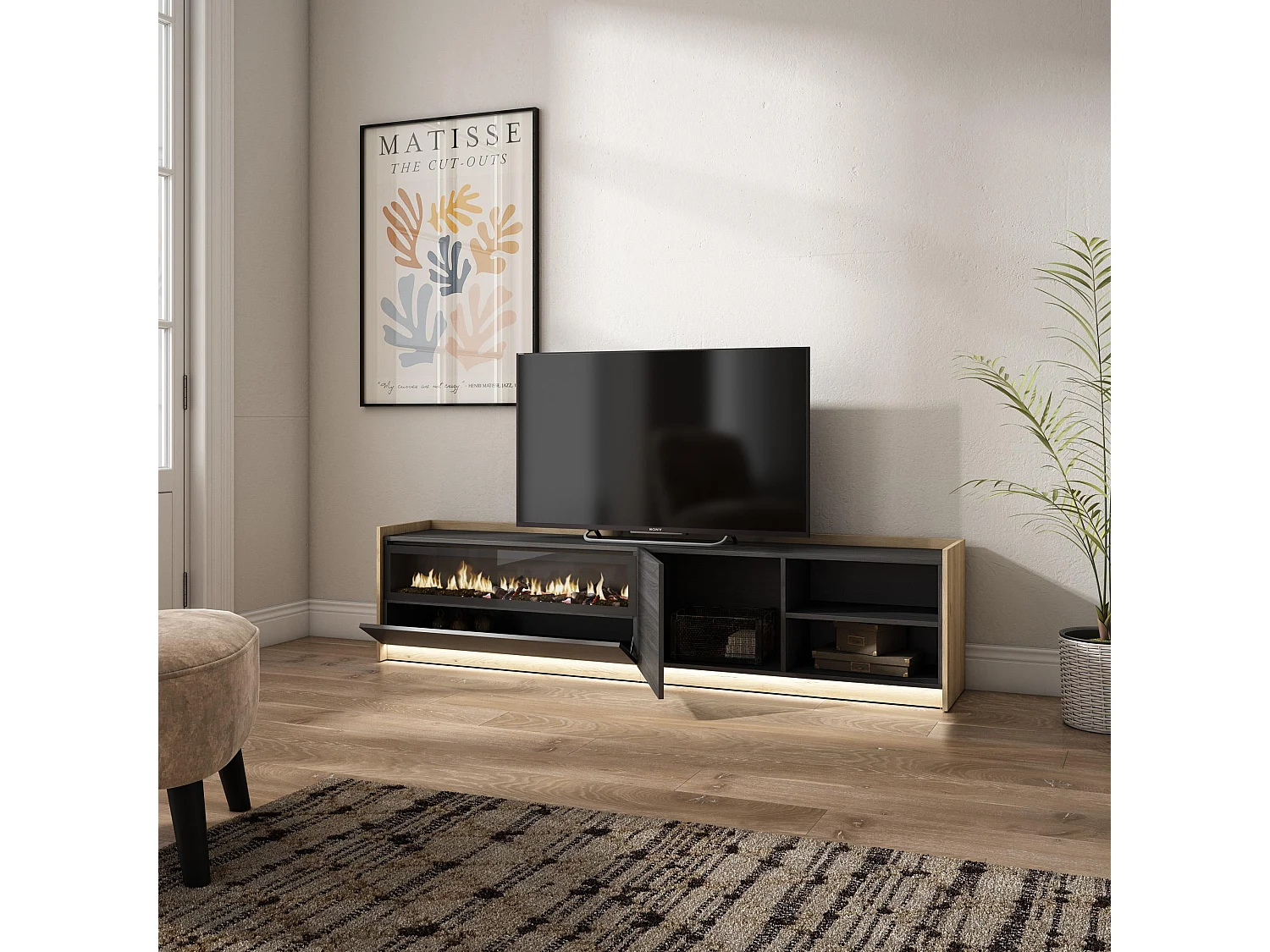 TV-Meubel, Lowboard, 207x50x37 cm, Voor tv's tot 80", Elektrische haard, LED, Zwart/Eiken