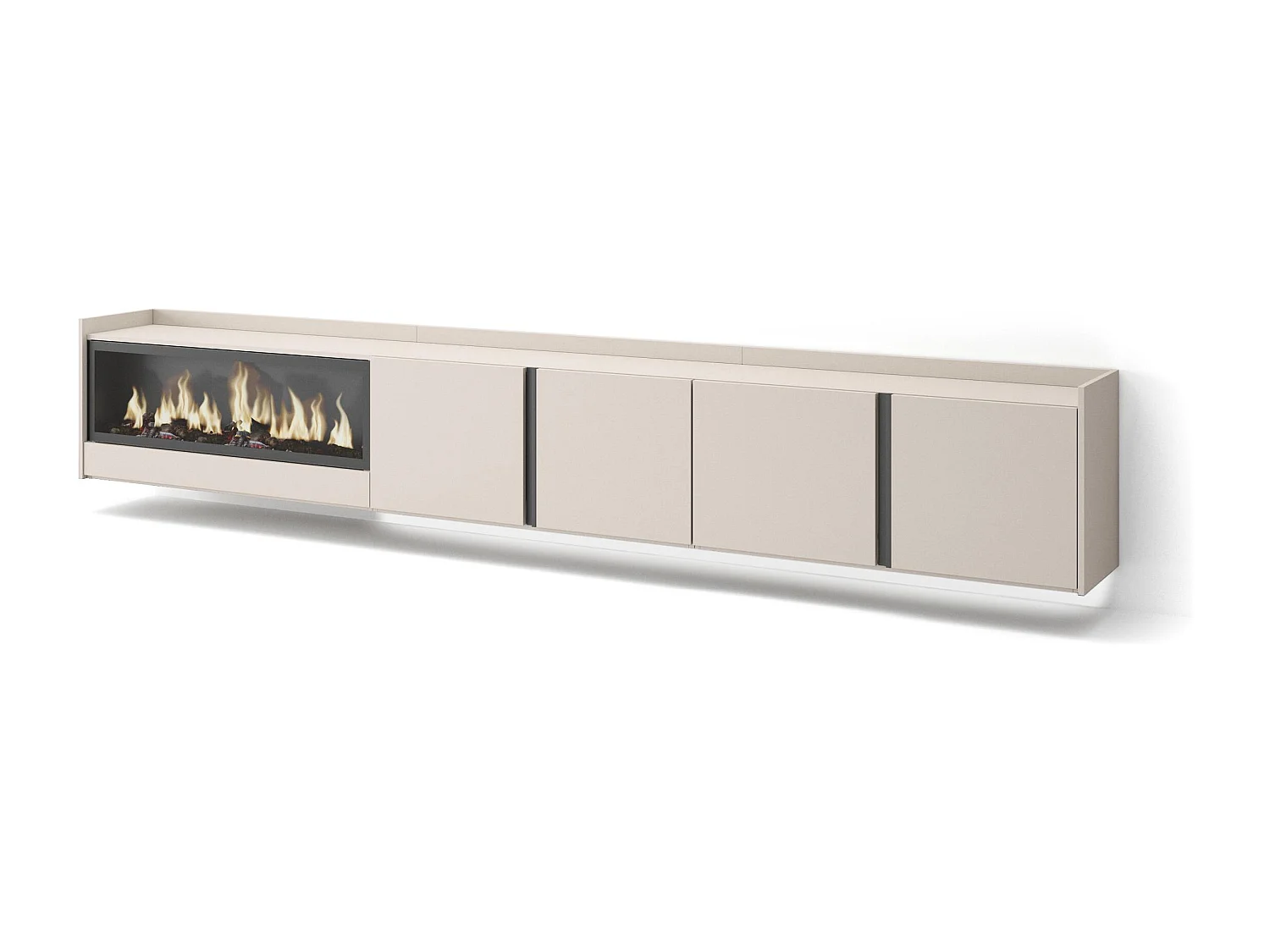 TV-Meubel, Lowboard, 315x50x35 cm, Voor tv's tot 80", Elektrische haard XXL, Hangend, LED, Beige