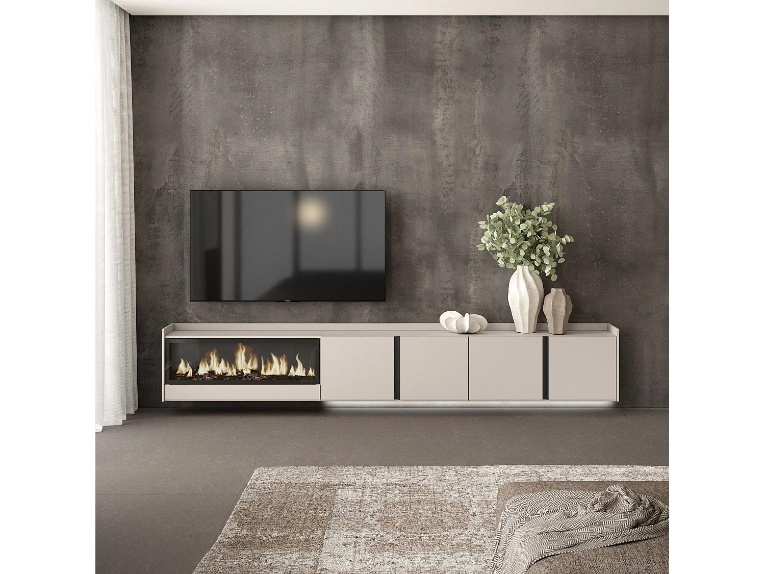 TV-Meubel, Lowboard, 315x50x35 cm, Voor tv's tot 80", Elektrische haard XXL, Hangend, LED, Beige