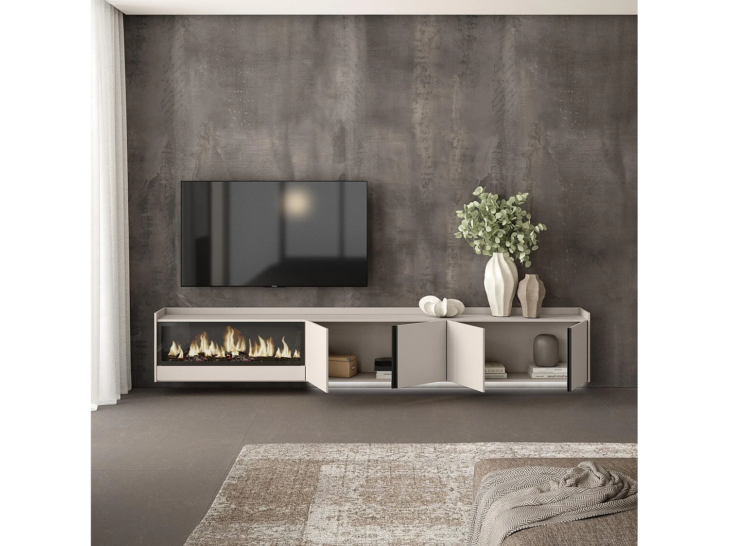 TV-Meubel, Lowboard, 315x50x35 cm, Voor tv's tot 80", Elektrische haard XXL, Hangend, LED, Beige