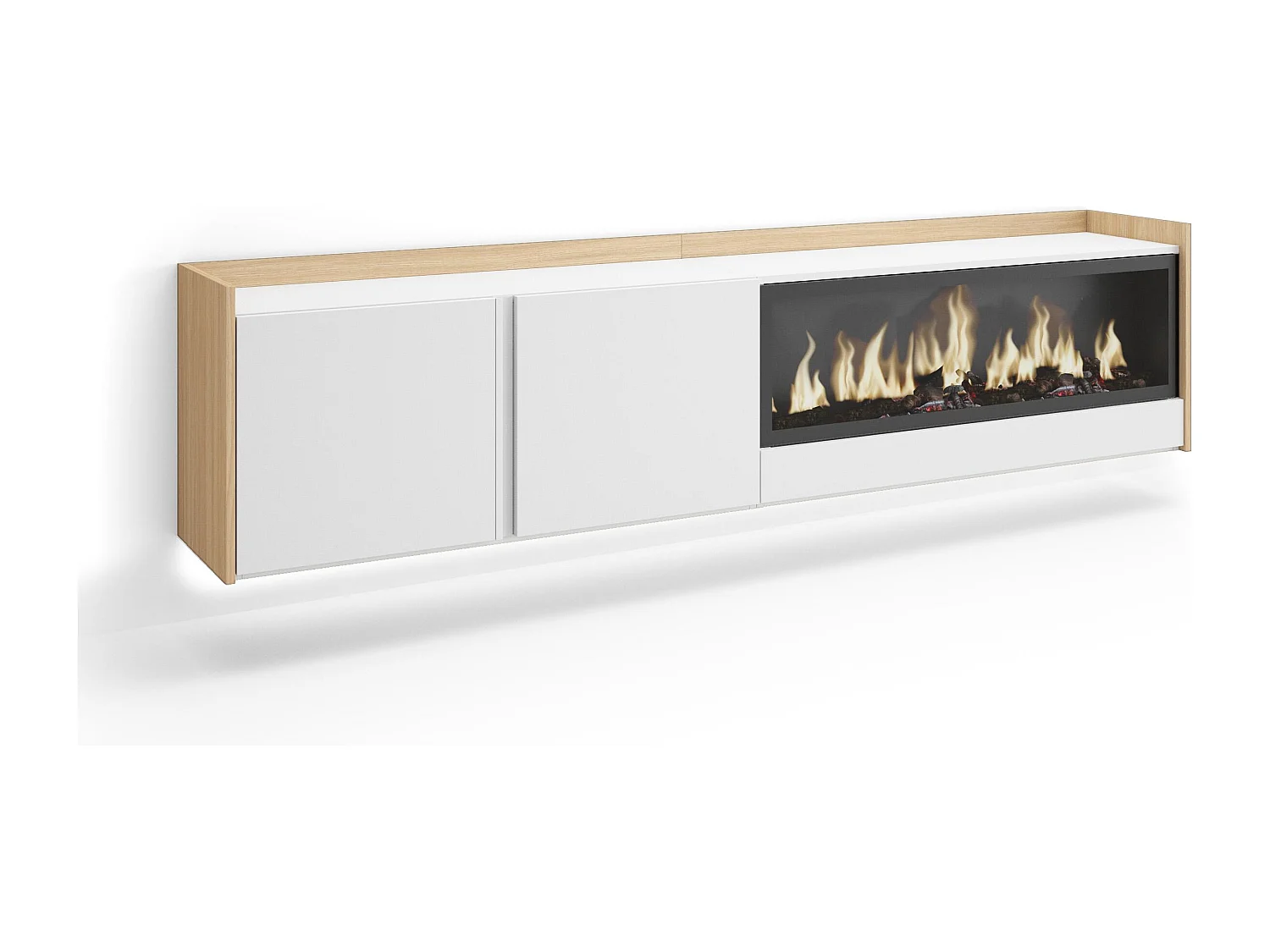 TV-Schrank, Lowboard, 212x50x35 cm, Für TV-Geräte bis zu 80", Elektrokamin XXL, Hängend, LED, Weiß und Eiche Soft