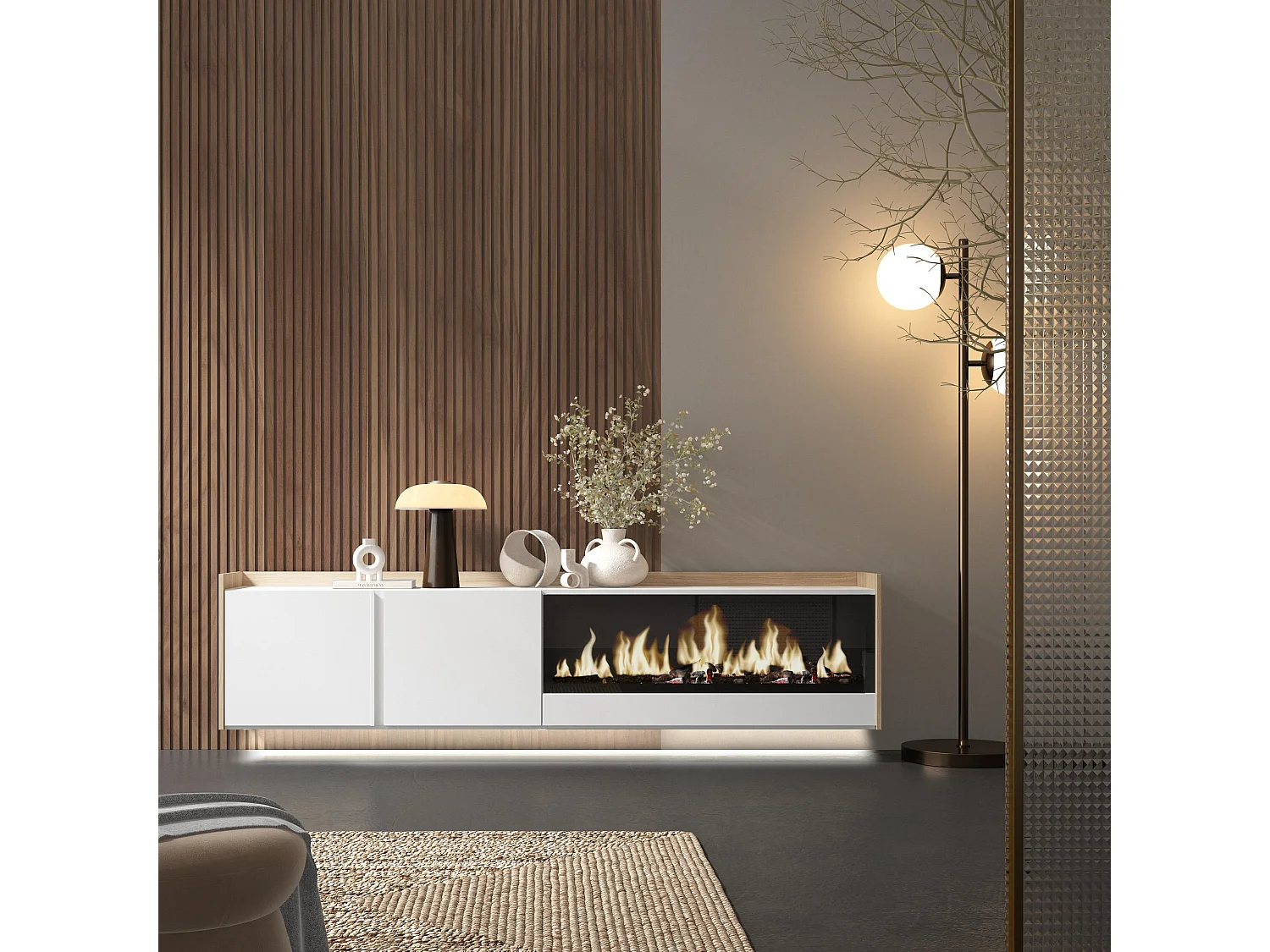 TV-Schrank, Lowboard, 212x50x35 cm, Für TV-Geräte bis zu 80", Elektrokamin XXL, Hängend, LED, Weiß und Eiche Soft