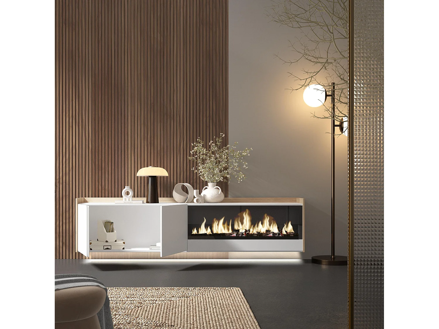 TV-Schrank, Lowboard, 212x50x35 cm, Für TV-Geräte bis zu 80", Elektrokamin XXL, Hängend, LED, Weiß und Eiche Soft