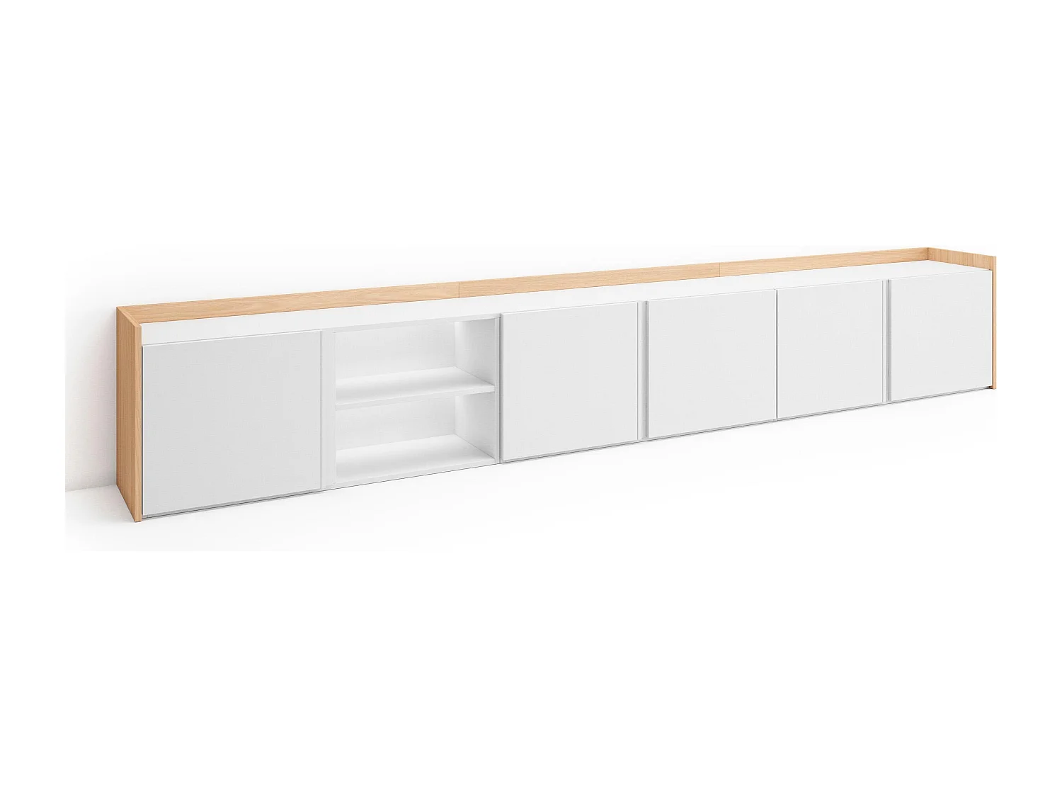 TV-Schrank, Lowboard, 309x50x35 cm, Für TV-Geräte bis zu 80", LED, Weiß und Eiche Soft