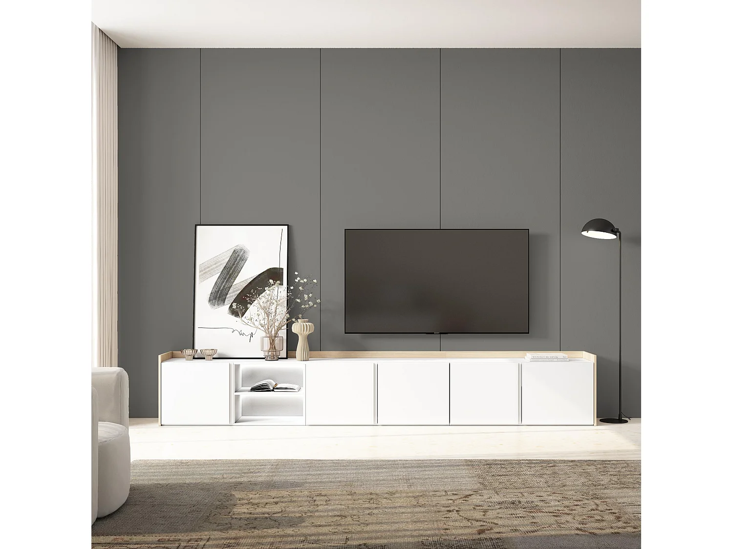 TV-Schrank, Lowboard, 309x50x35 cm, Für TV-Geräte bis zu 80", LED, Weiß und Eiche Soft