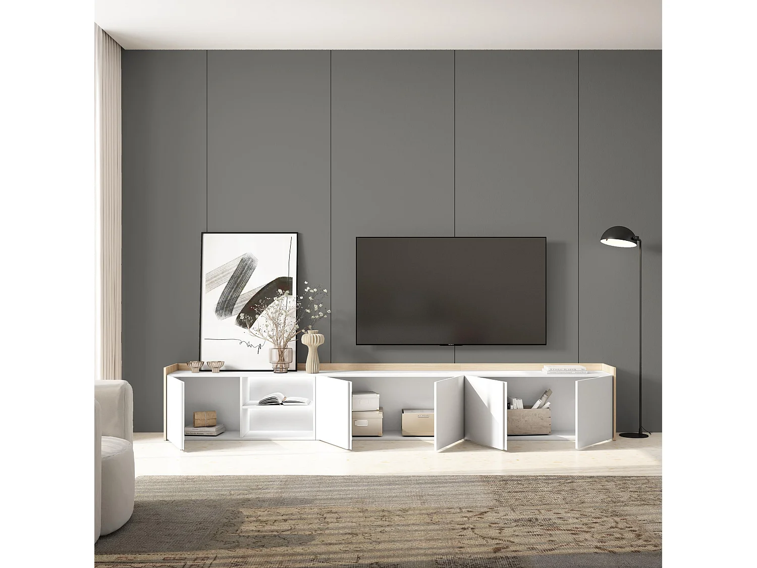 TV-Schrank, Lowboard, 309x50x35 cm, Für TV-Geräte bis zu 80", LED, Weiß und Eiche Soft