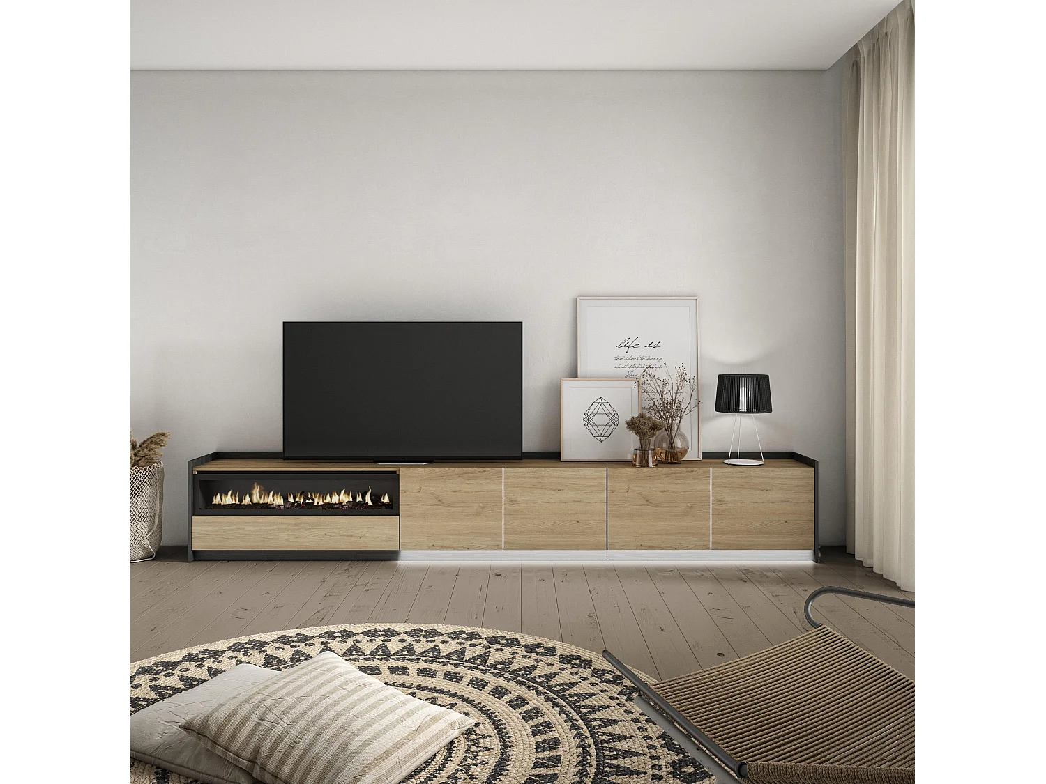 TV-Schrank, Lowboard, 310x50x37 cm, Für TV-Geräte bis zu 80", Elektrokamin., LED, Eiche Schwarz