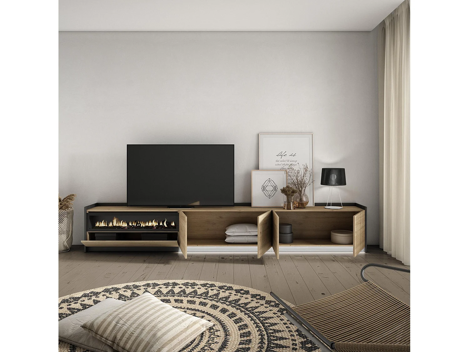 TV-Schrank, Lowboard, 310x50x37 cm, Für TV-Geräte bis zu 80", Elektrokamin., LED, Eiche Schwarz