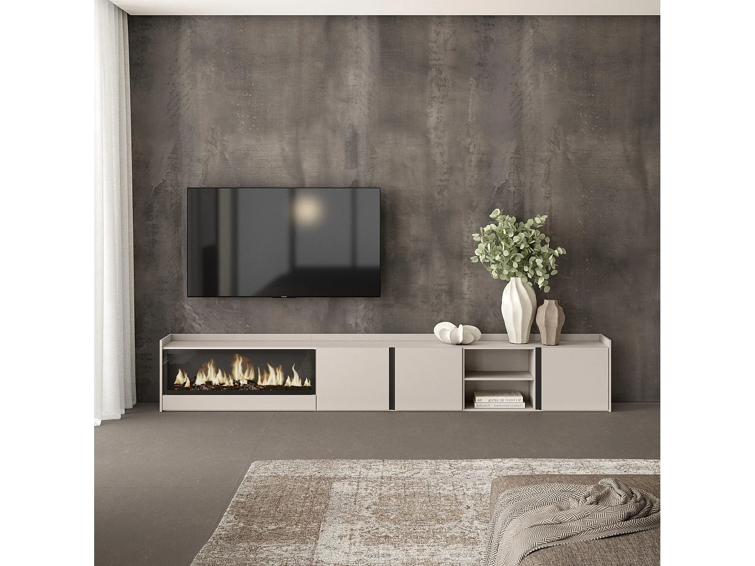 TV-Schrank - Lowboard - 315x50x35cm - Für TV-Geräte bis zu 80" - Elektrokamin XXL - Beige